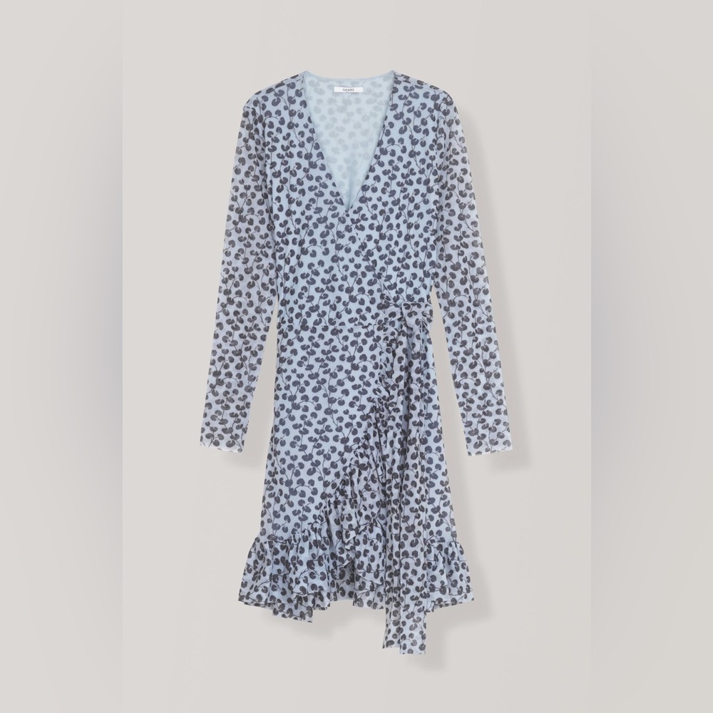 Ganni “Tilden” Mesh Pale Blue and Black Ruffled Wrap Dress
